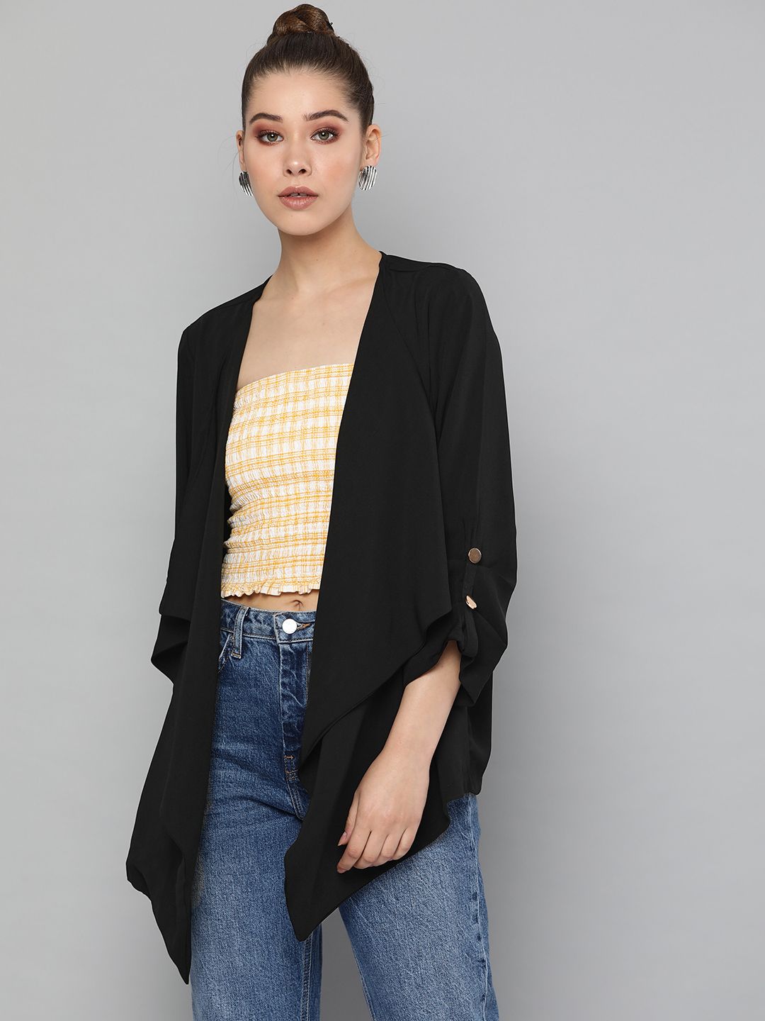 Harpa Women Black Solid Waterfall Shrug Price in India