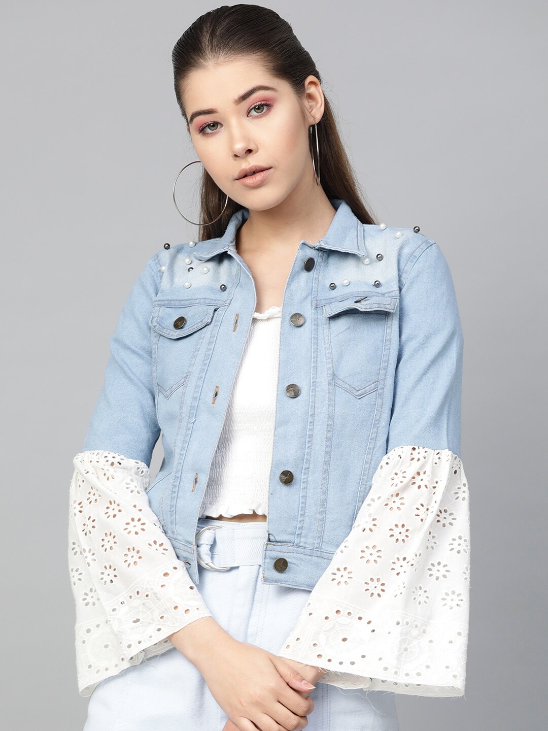 Bhama Couture Women Blue Washed Denim Jacket Price in India