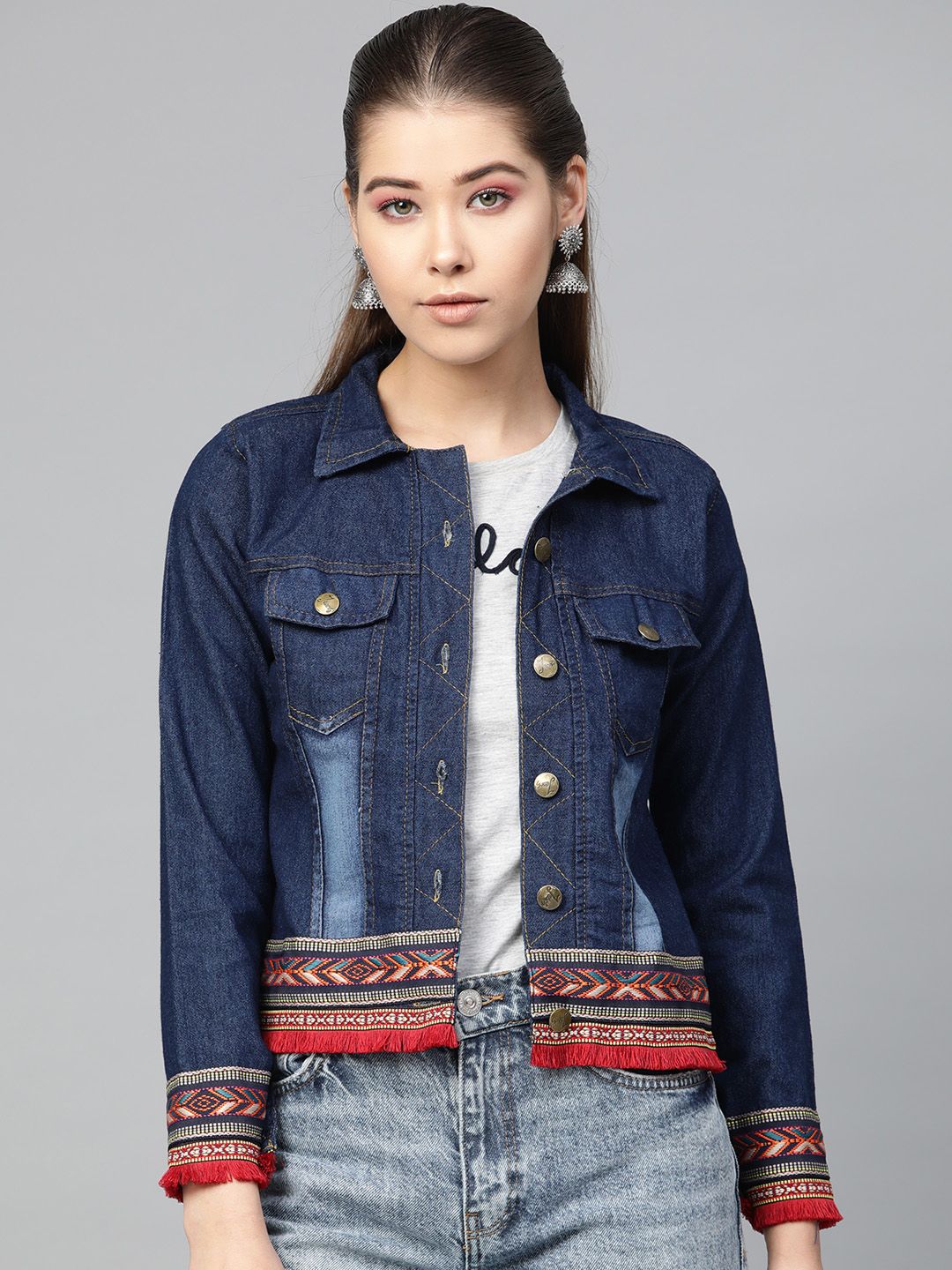 Bhama Couture Women Navy Blue Washed Denim Jacket Price in India