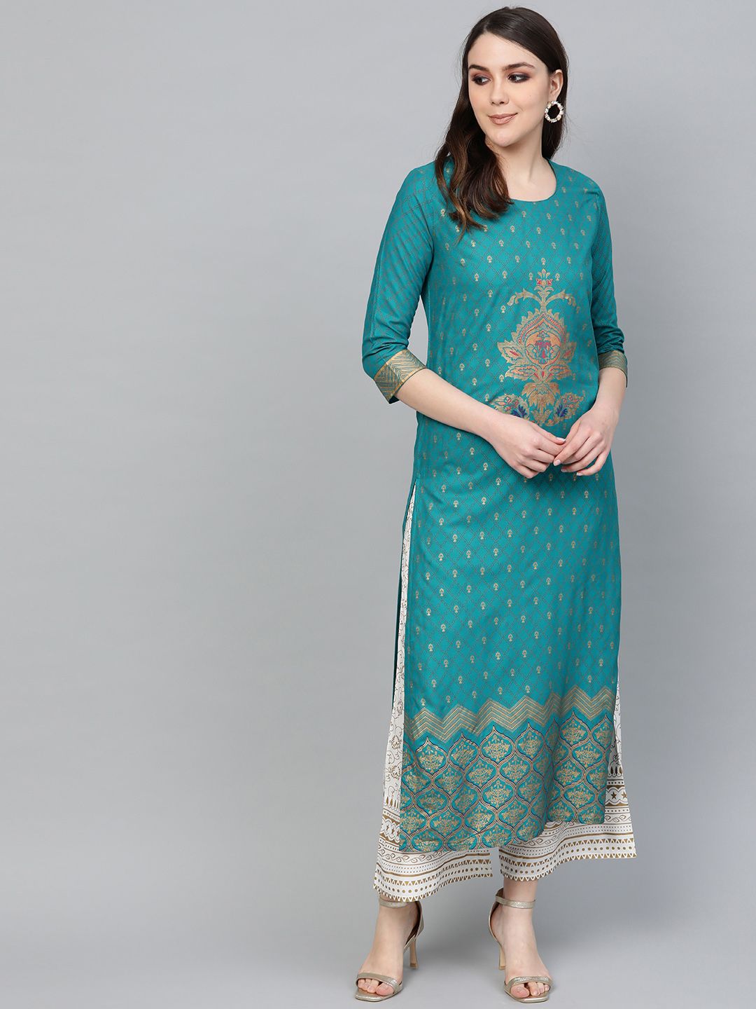 Anubhutee Peacock Blue Kurta Set with Golden Traditional Motifs