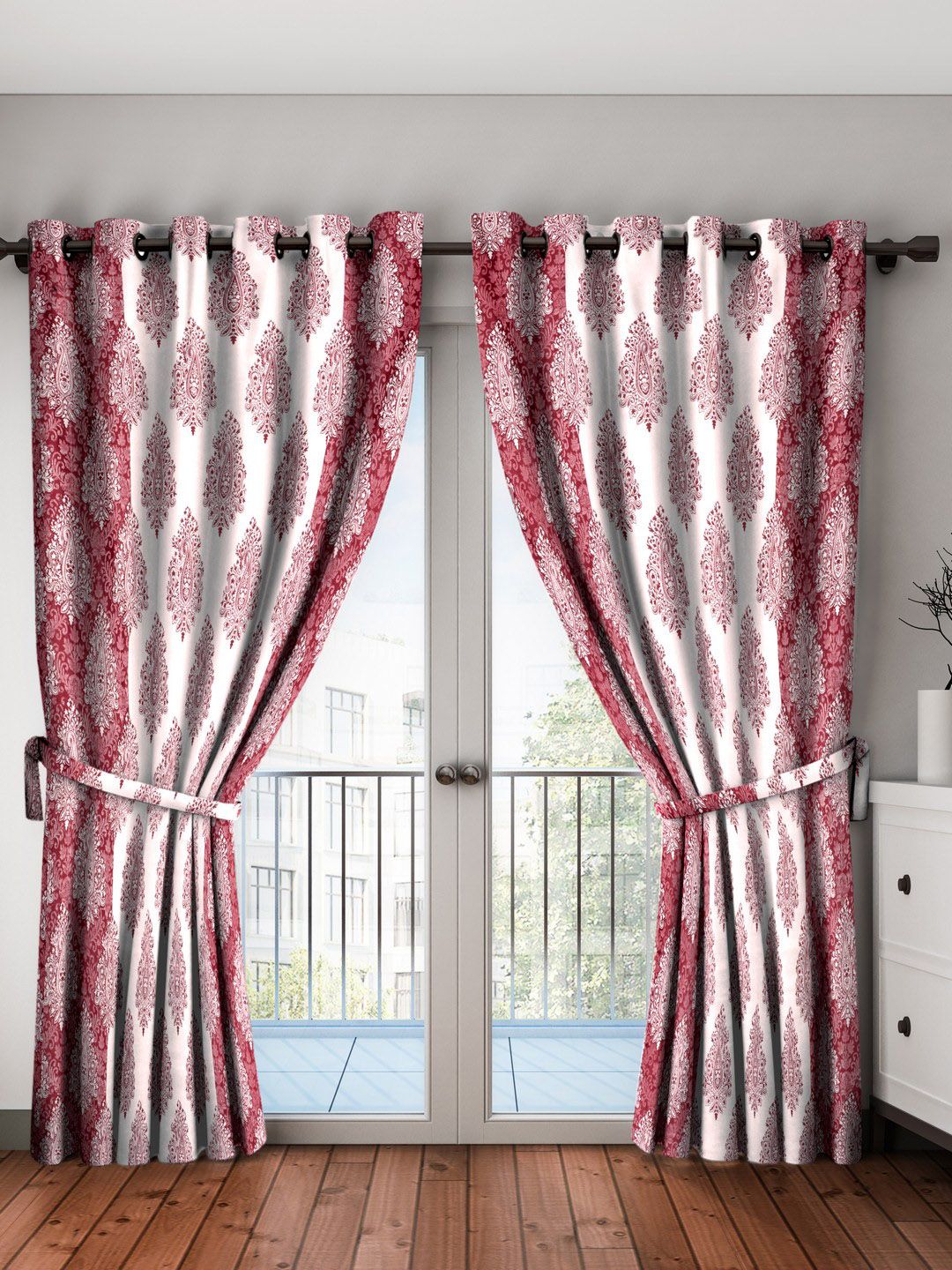 Home Sizzler Maroon & Off-White Printed Set of 2 Long Door Curtains Price in India