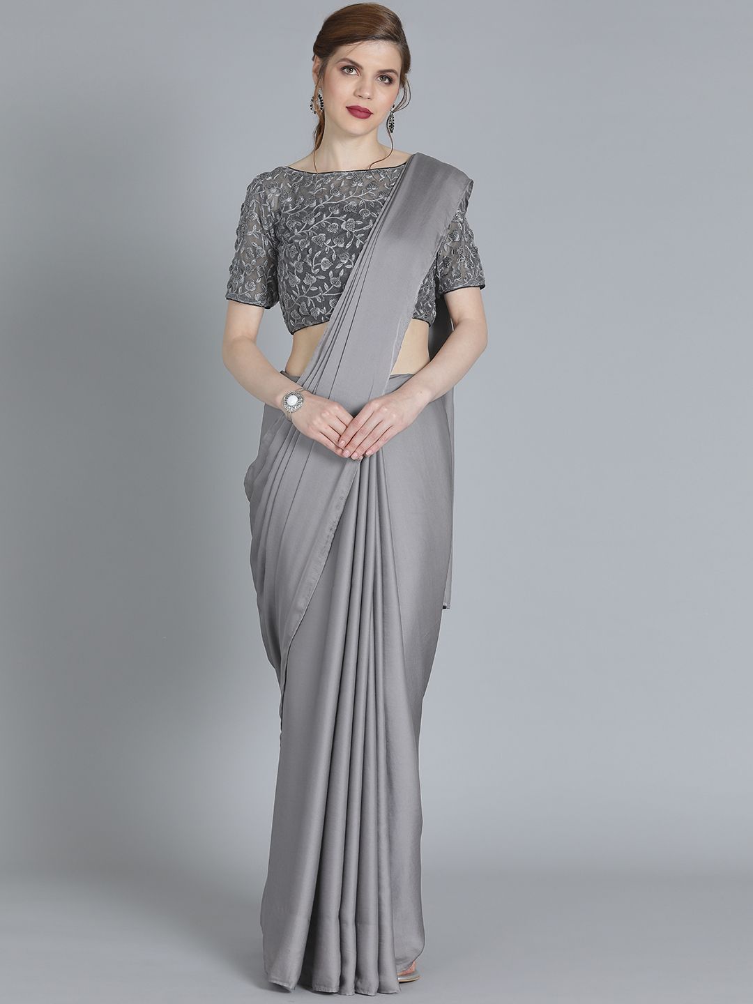 EthnoVogue Grey Solid Made To MeasureSatin Saree Price in India