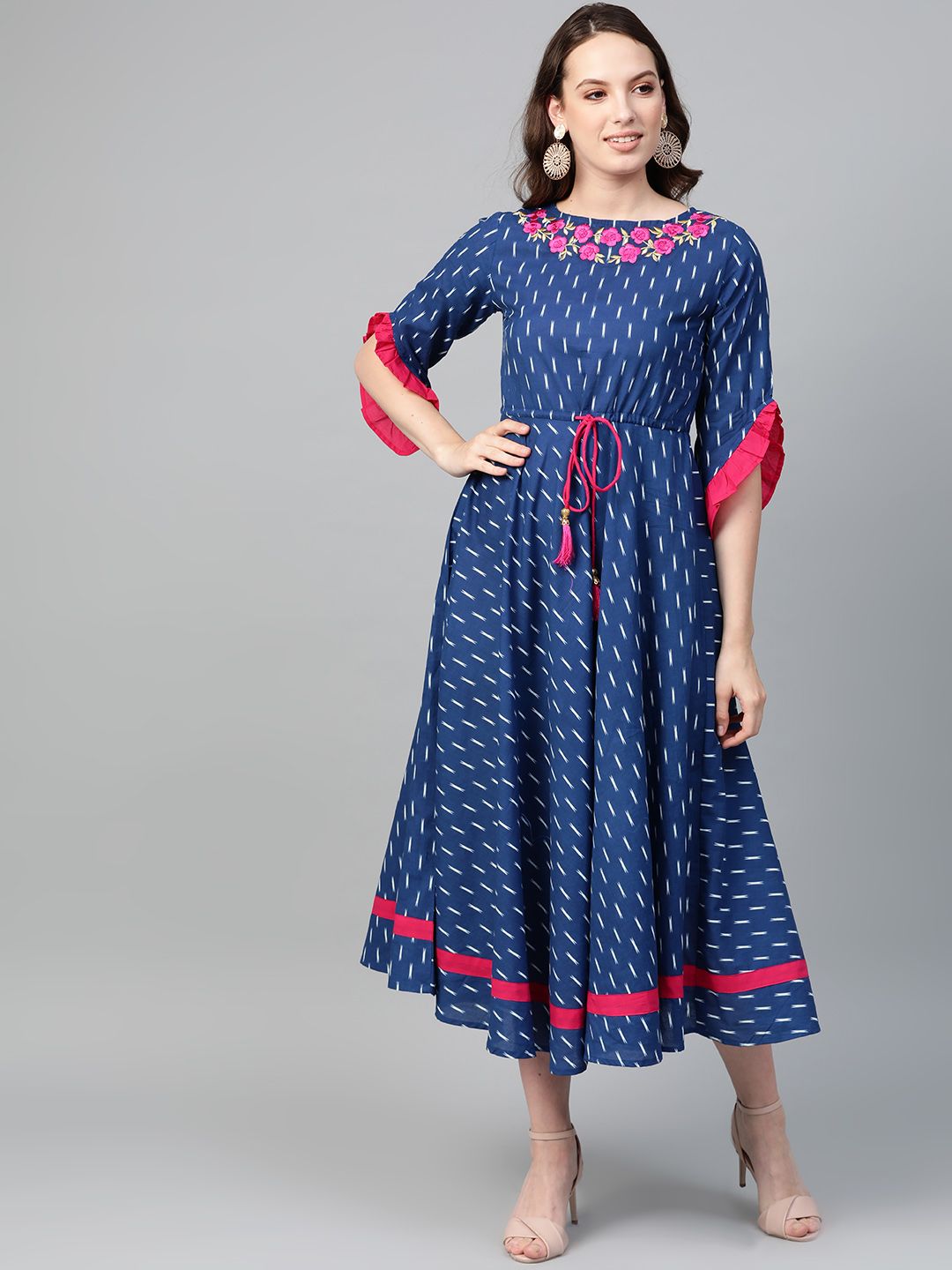 YASH GALLERY Women Blue & White Printed A-Line Dress Price in India
