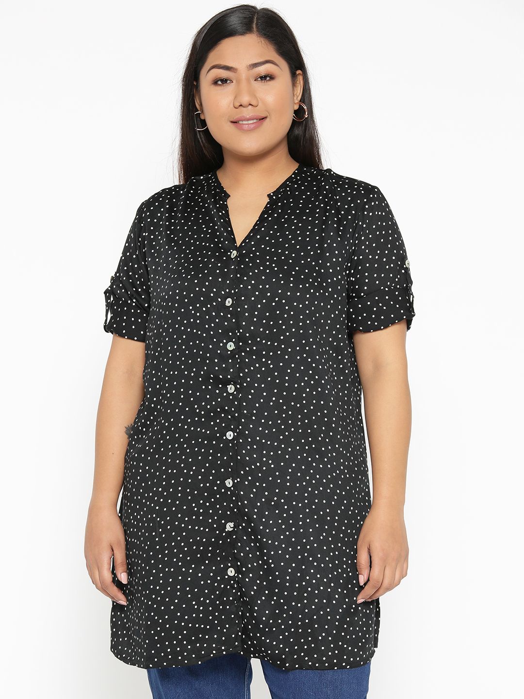 Revolution Plus Size Women Black White Printed Longline Regular Top
