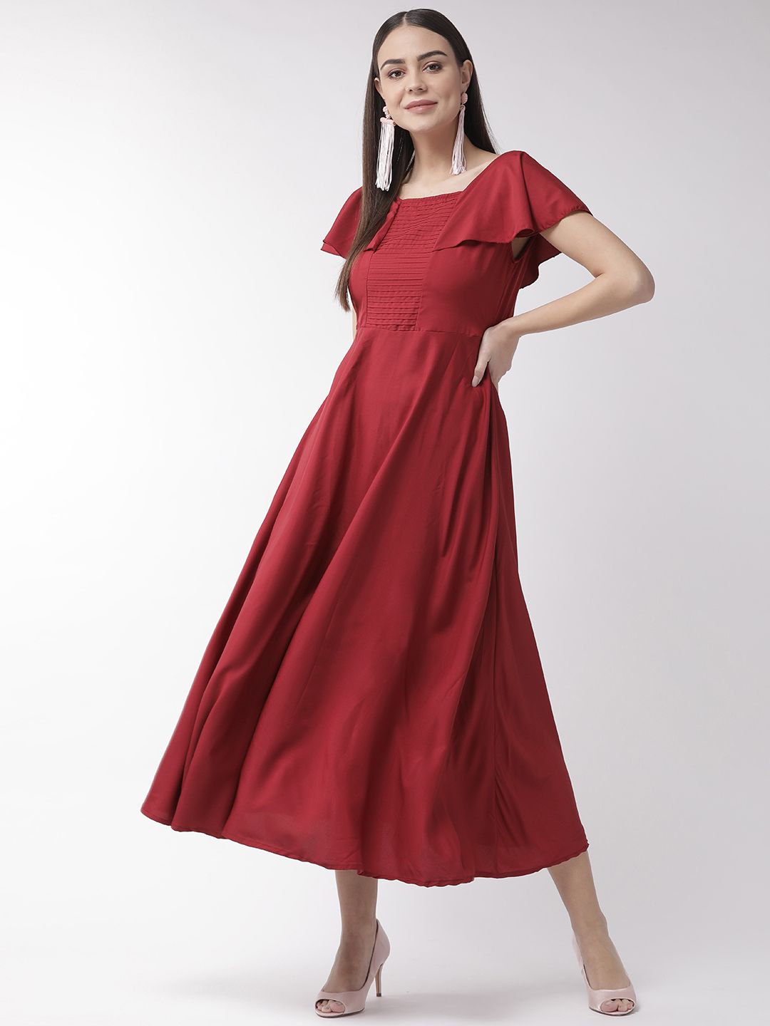 U&F Women Maroon Solid Maxi Dress Price in India