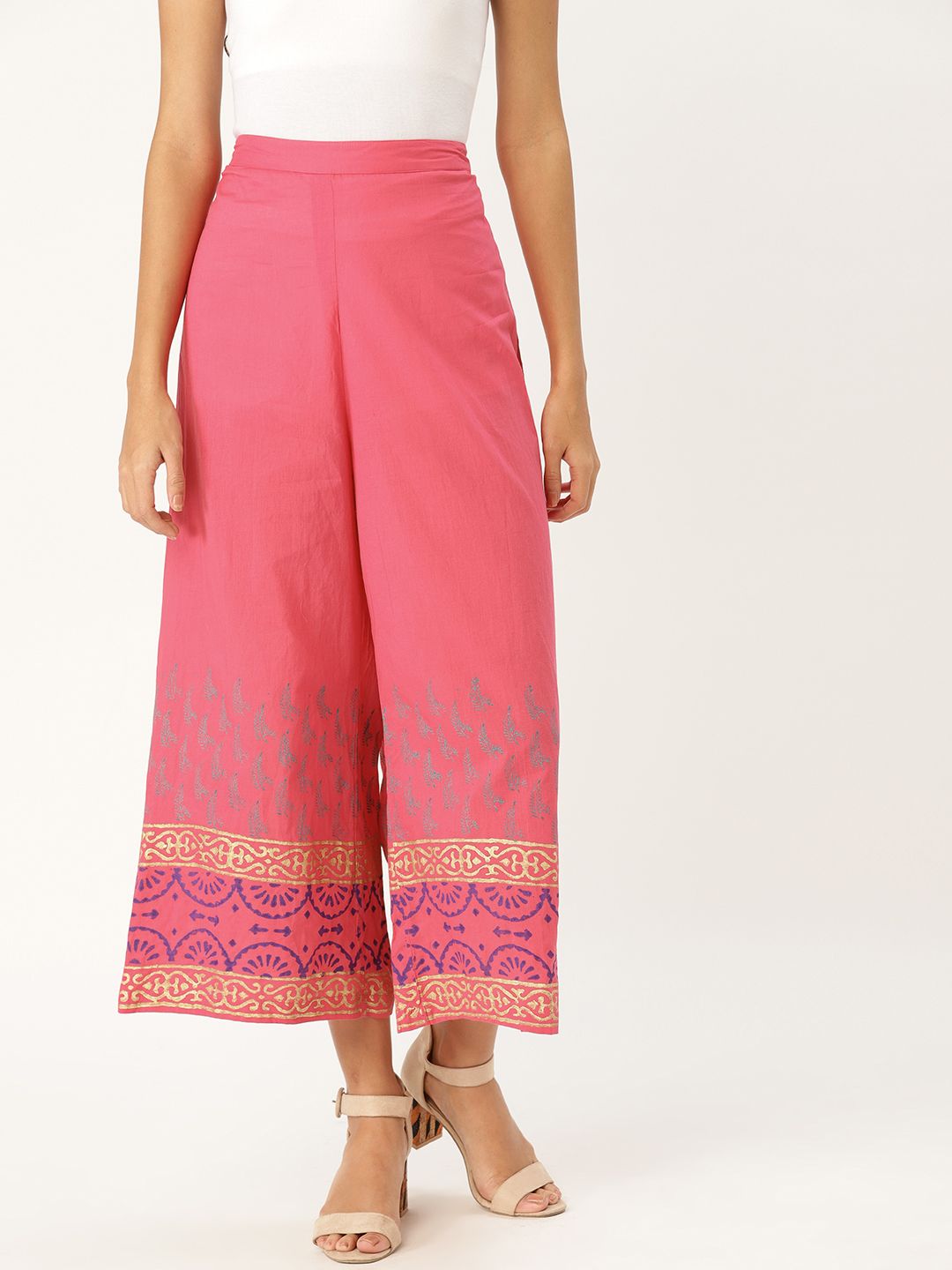 MBE Women Pink Block Print Cropped Wide Leg Palazzos Price in India