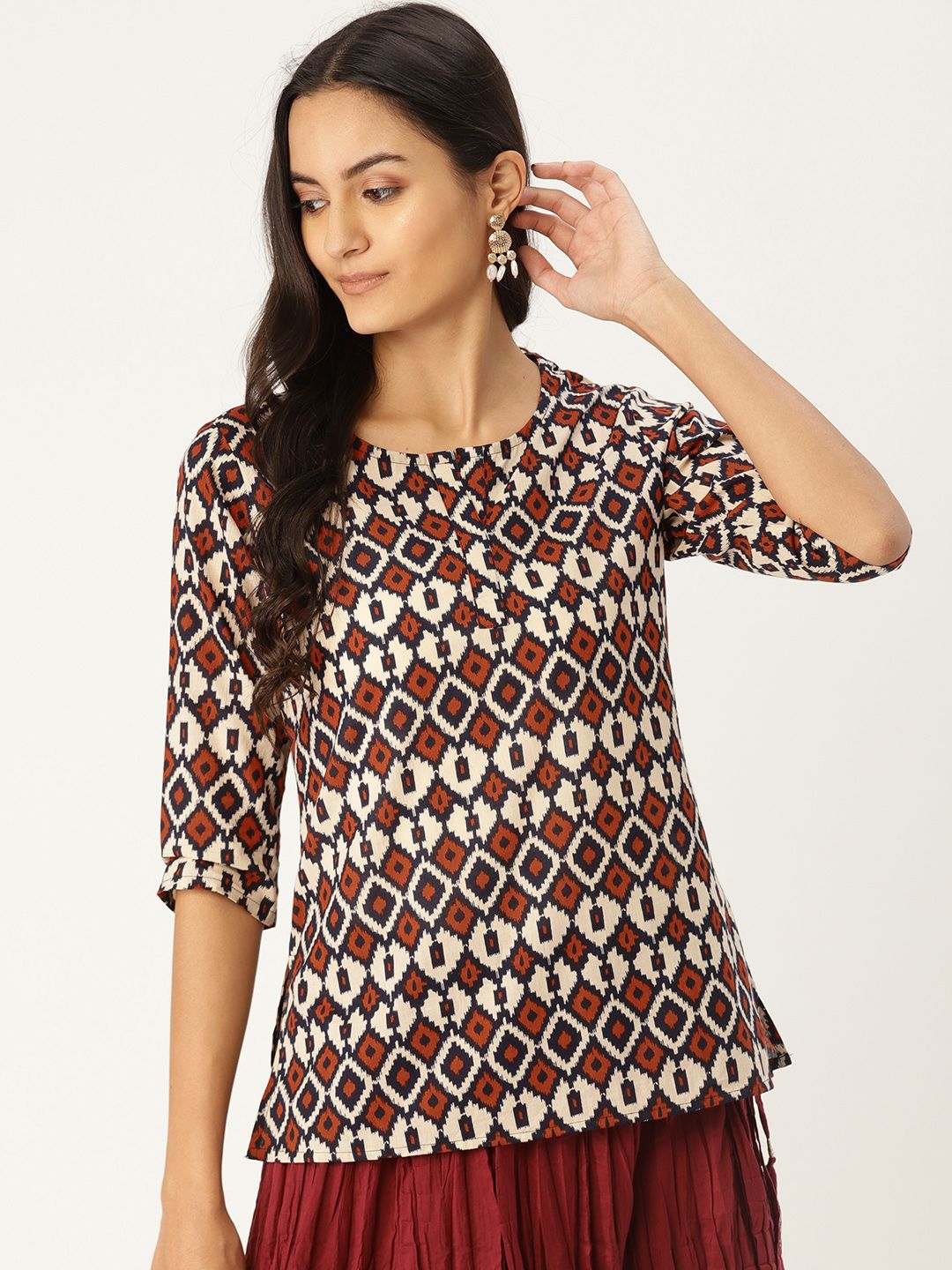 MBE Women Rust Red & Off White Printed Pure Cotton Top