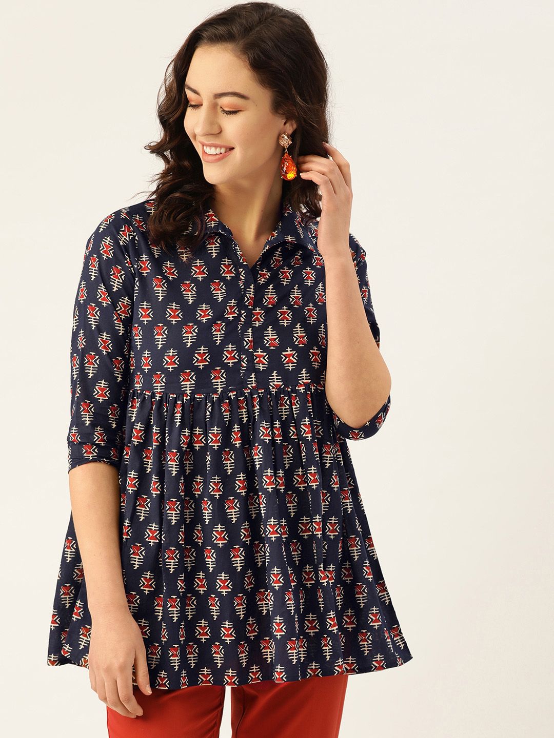 MBE Women's Navy Blue & Rust Red Printed Tunic Price in India