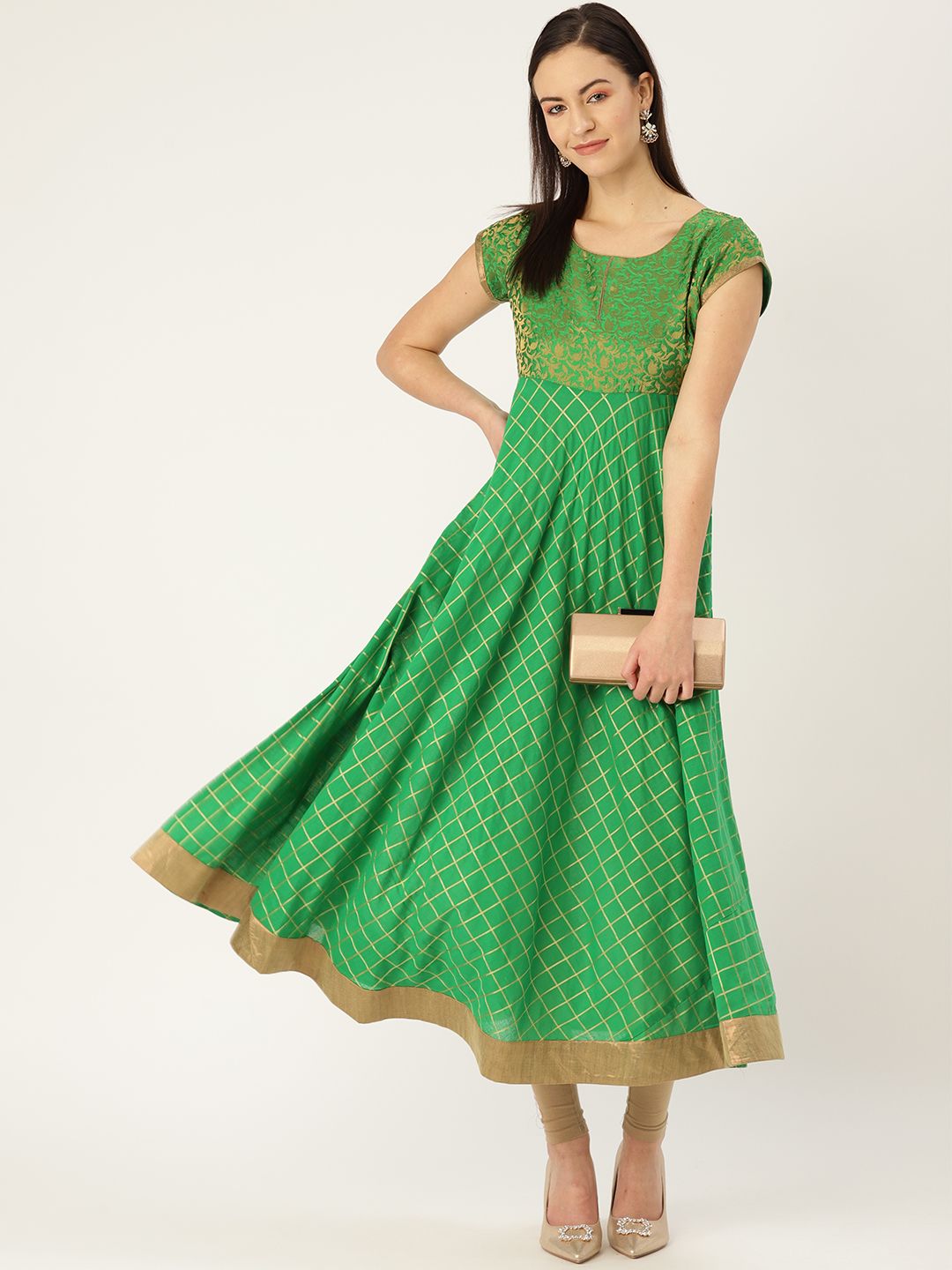 MBE Women Green & Golden Checked Empire Anarkali Kurta Price in India