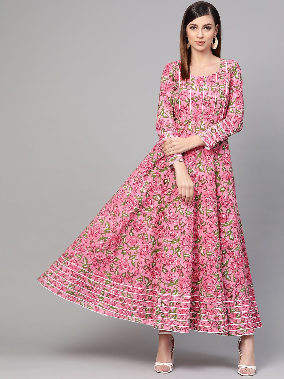 Idalia Women Pink & Green Hand Block Print Maxi Dress Price in India