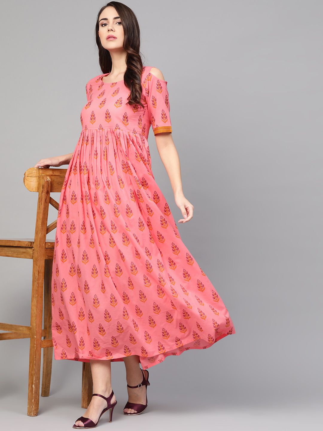 Idalia Women Pink & Purple Printed Cold-Shoulder Maxi Dress Price in India