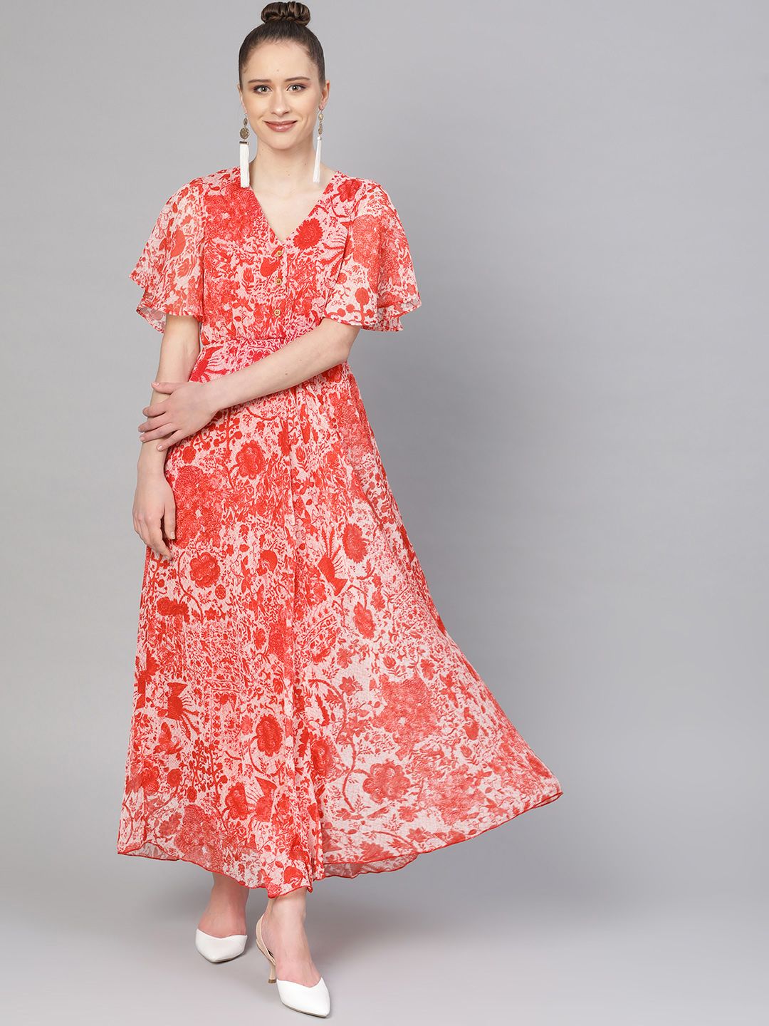 The Vanca Women Red & Off-White Printed Maxi Dress