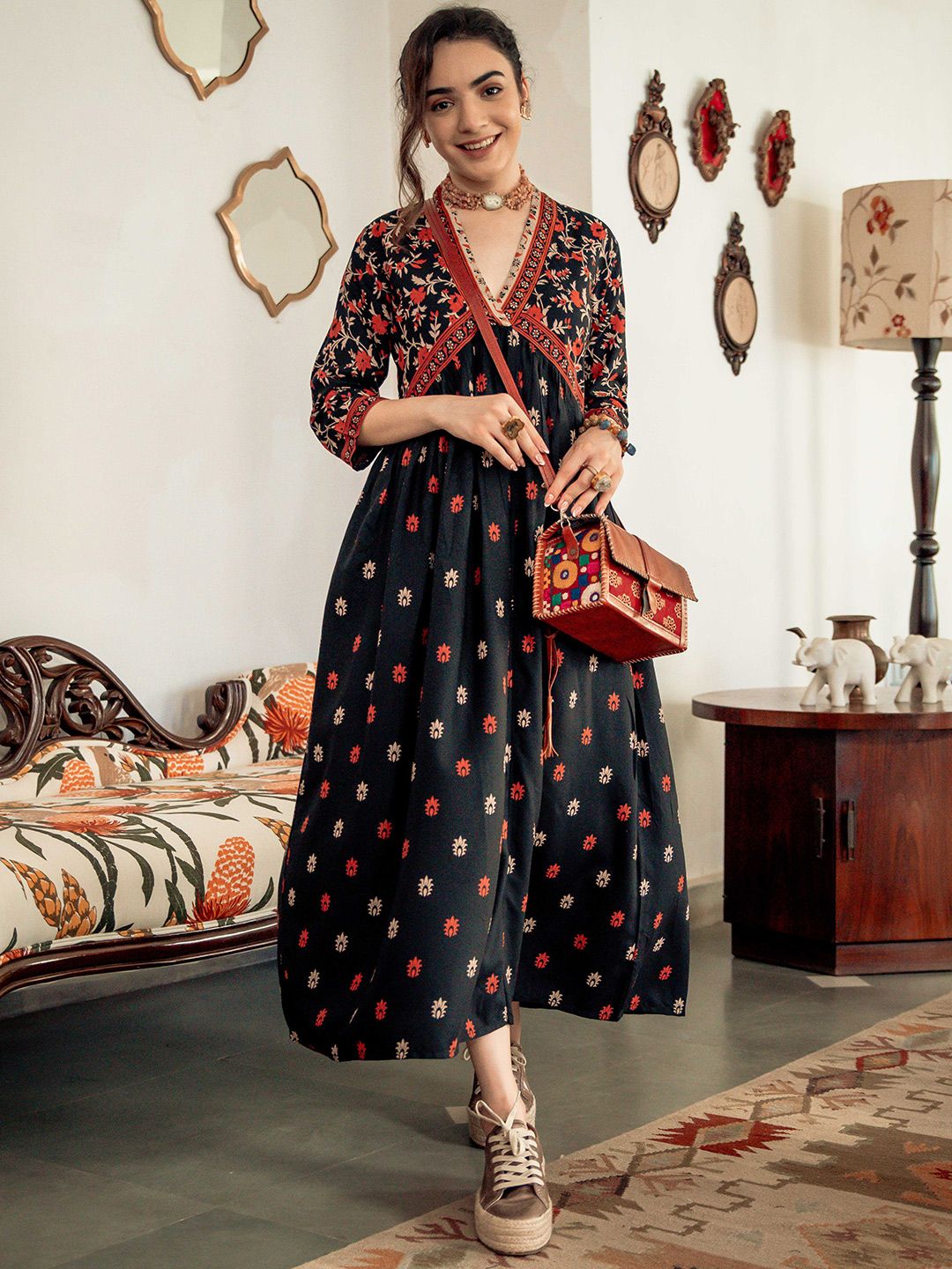 Rustorange Black & Orange Ethnic Motifs Printed Maxi Dress Price in India