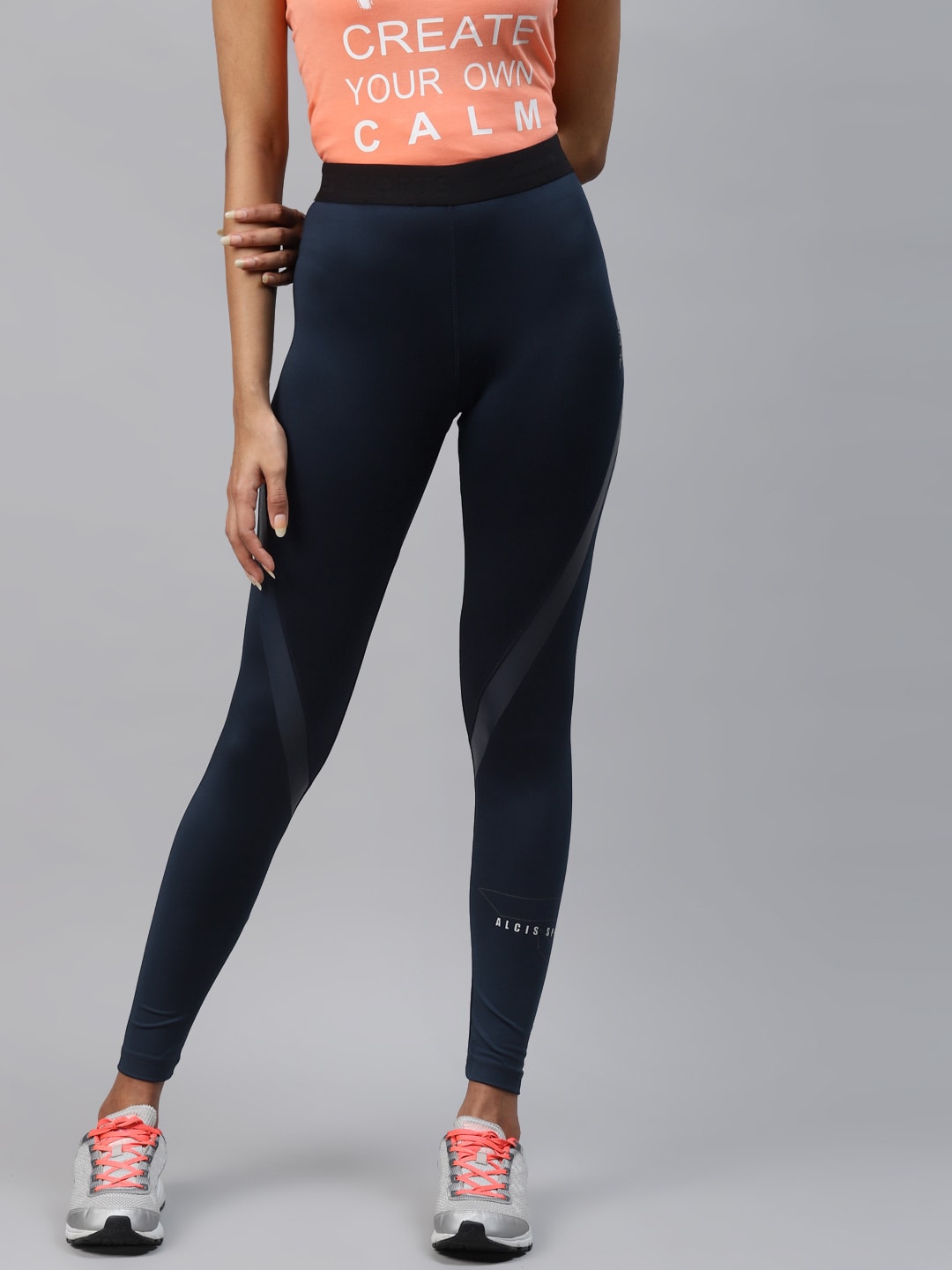 Alcis Women Navy Blue Solid Running Tights Price in India