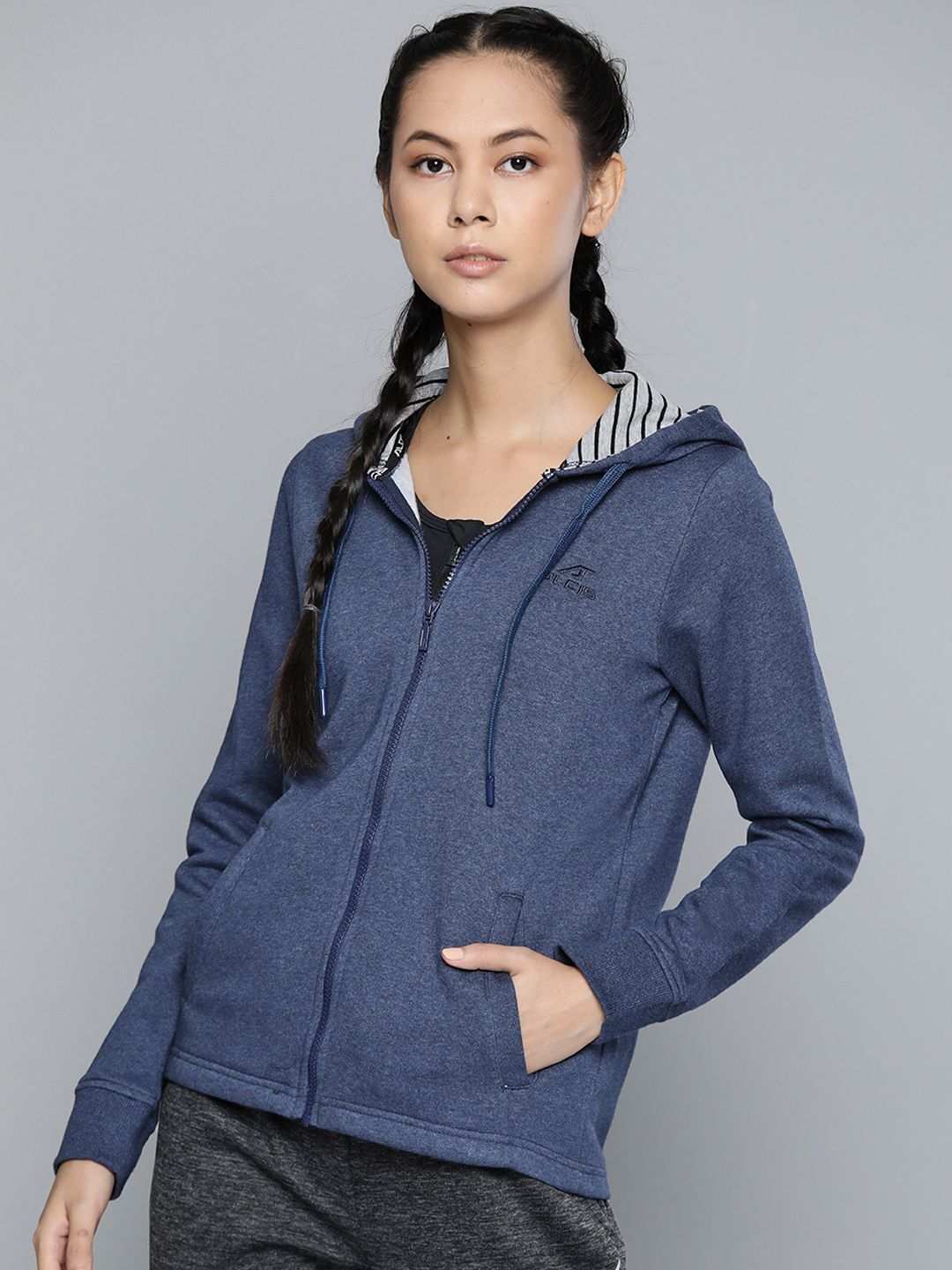 Alcis Women Navy Blue Solid Melange Effect Hooded Sweatshirt Price in India