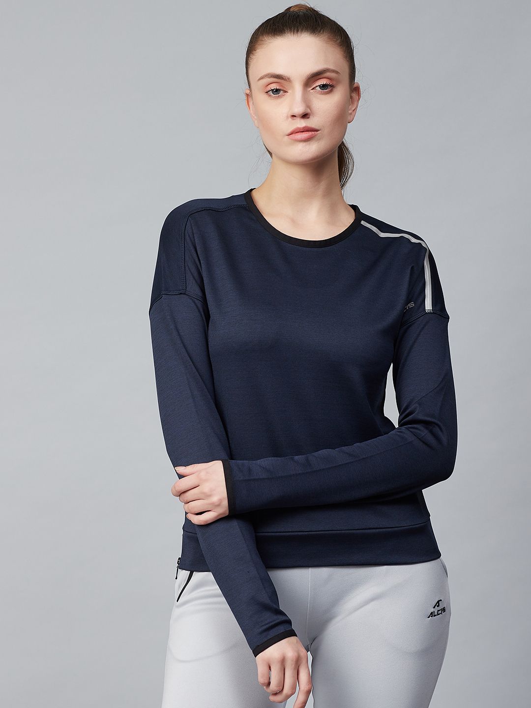 Alcis Women Navy Blue Solid Running Pullover Sweatshirt Price in India
