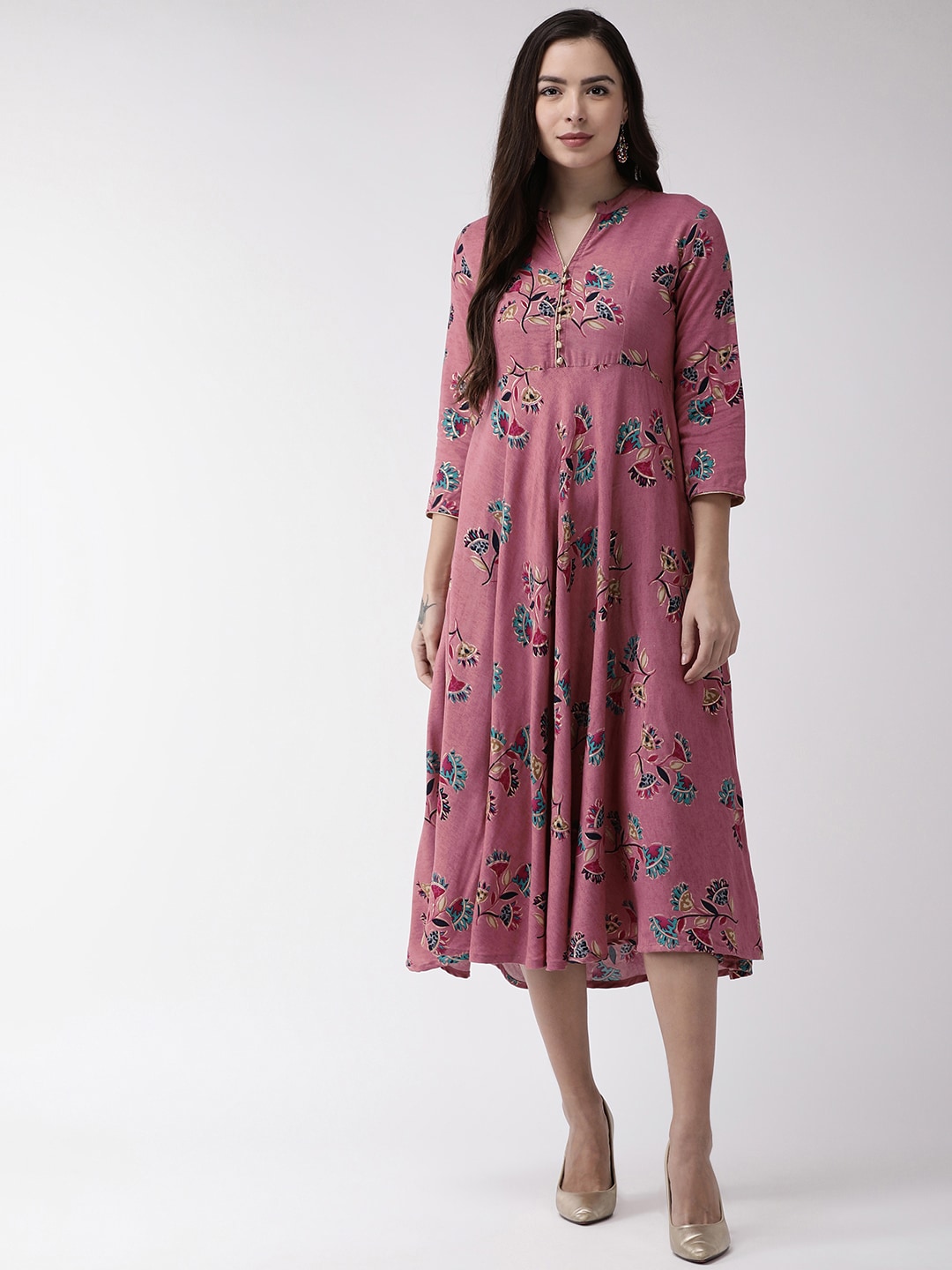 RANGMAYEE Women Pink & Green Printed A-Line Dress Price in India