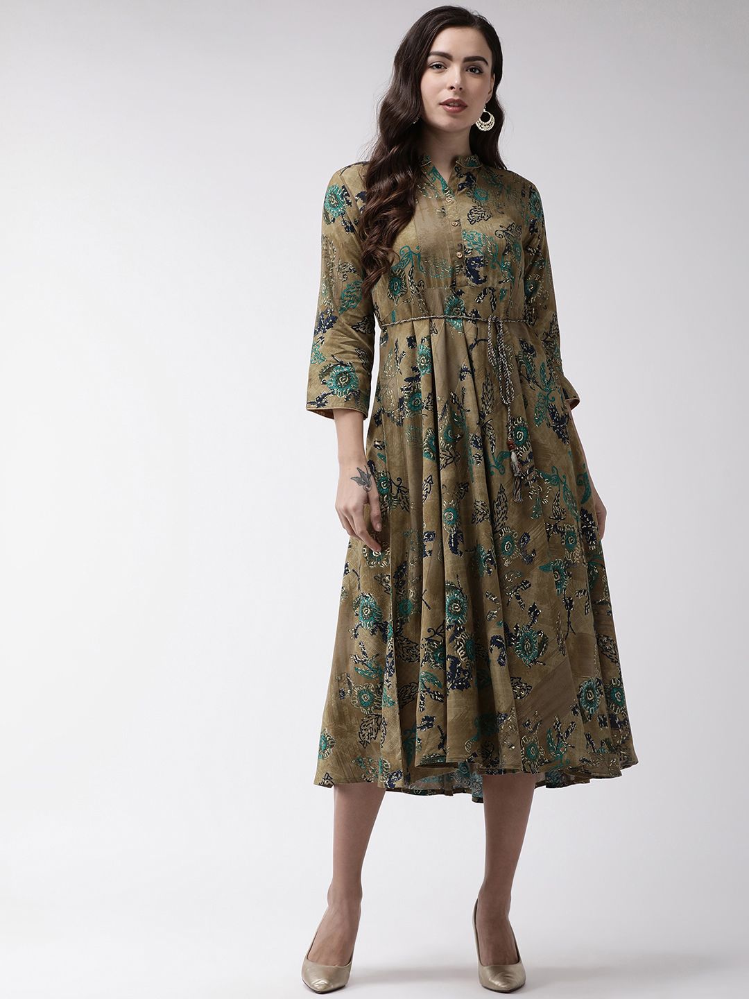 RANGMAYEE Women Mustard Brown & Green Floral Printed A-Line Dress Price in India