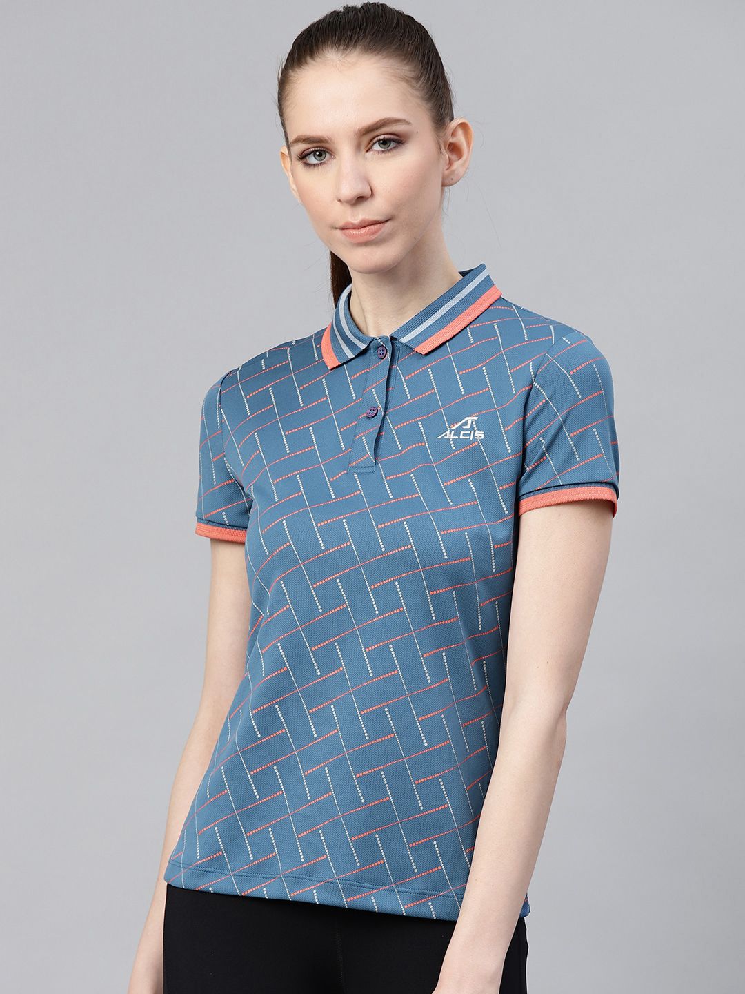 Alcis Women Teal Blue & Grey Printed Polo Collar Tennis T-shirt Price in India