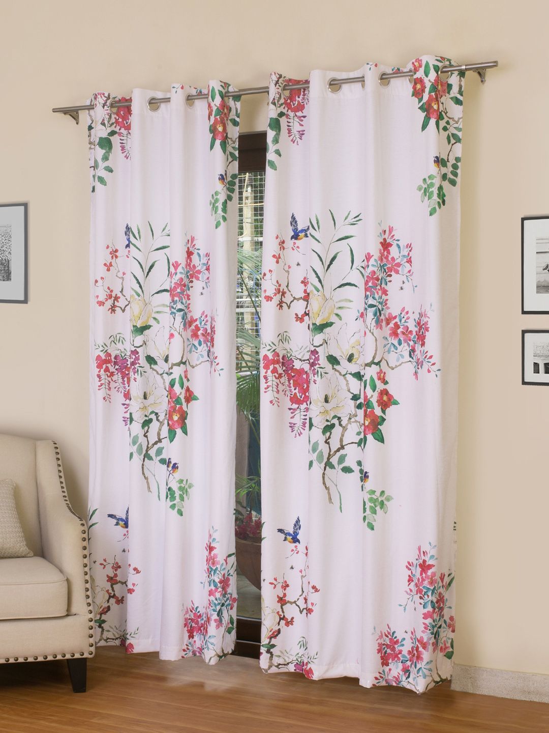 ROSARA HOME White & Pink Floral Print Set of 2 Long Door Curtains Price in India