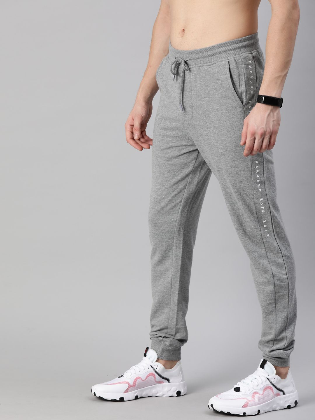 Harvard Men Grey Melange Straight Fit Solid Joggers with Printed Detail