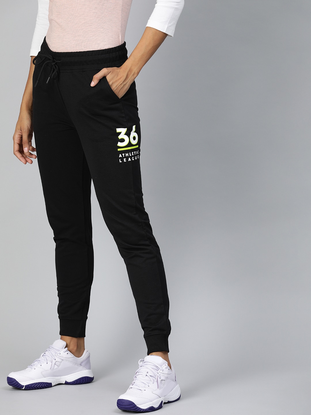 Harvard Women Black Straight Fit Solid Joggers with Printed Detail Price in India