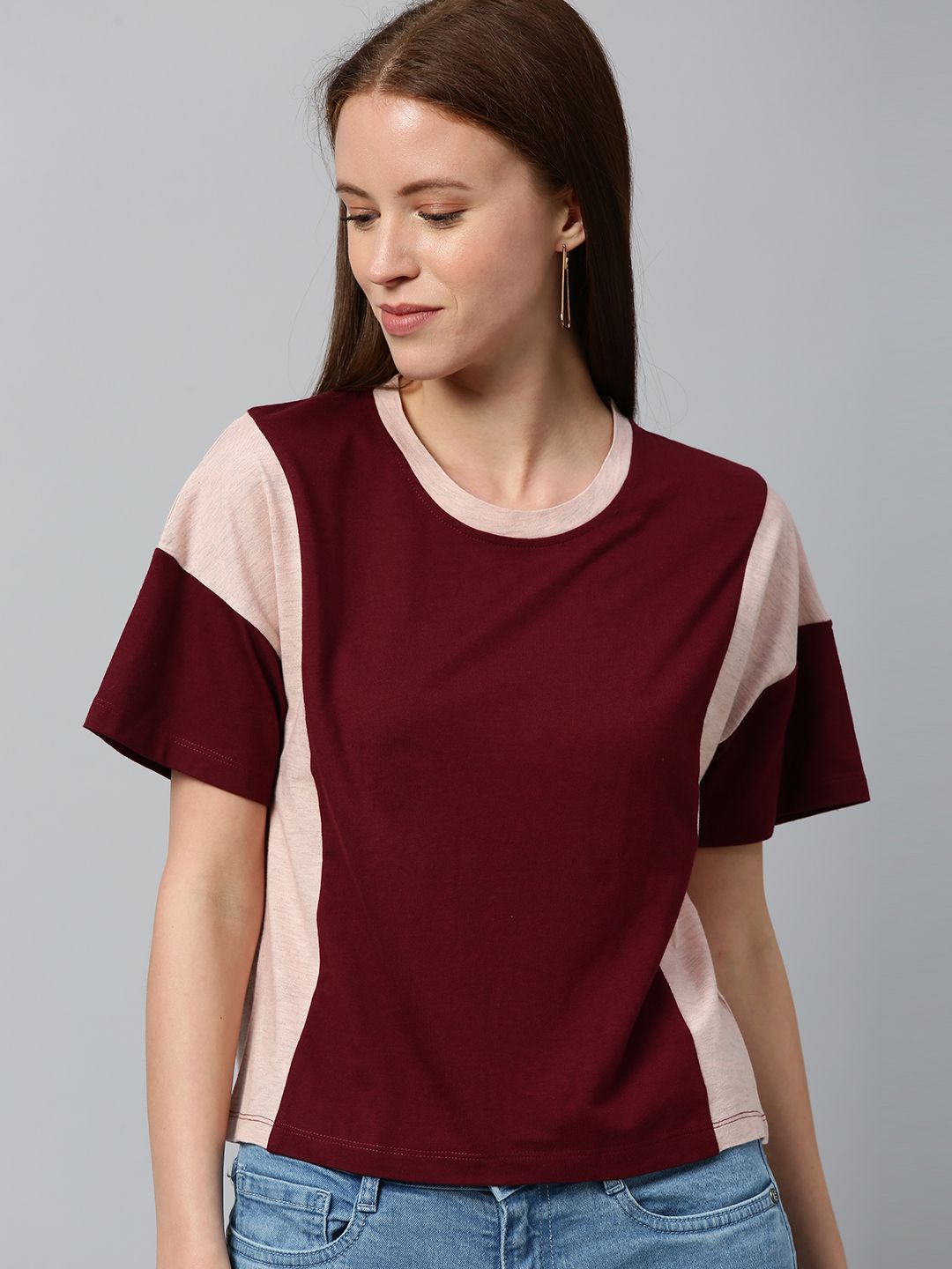 Harvard Women Maroon & Pink Colourblocked Round Neck T-shirt