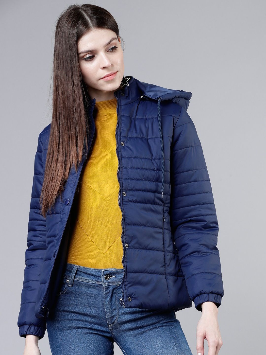 Tokyo Talkies Women Blue Solid Padded Jacket Price in India