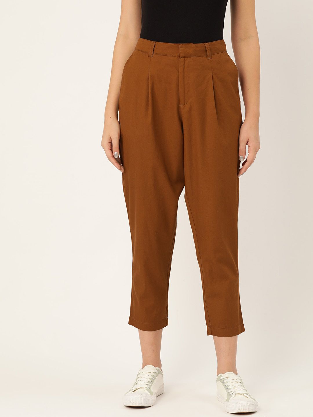 ether Women Rust Brown Tapered Fit Solid Cropped Trousers