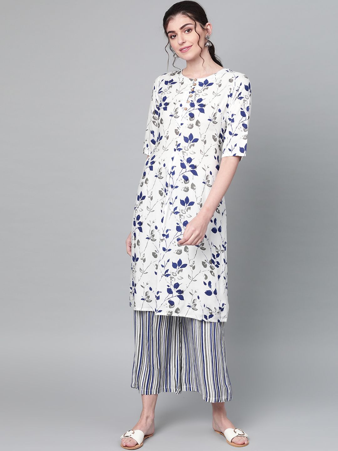 Popnetic Women White & Navy Blue Printed Kurta with Palazzos Price in India