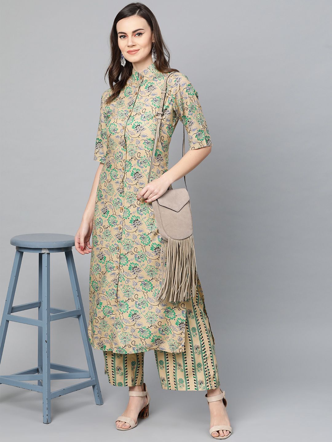 Popnetic Women Beige & Green Printed Kurta with Palazzos Price in India