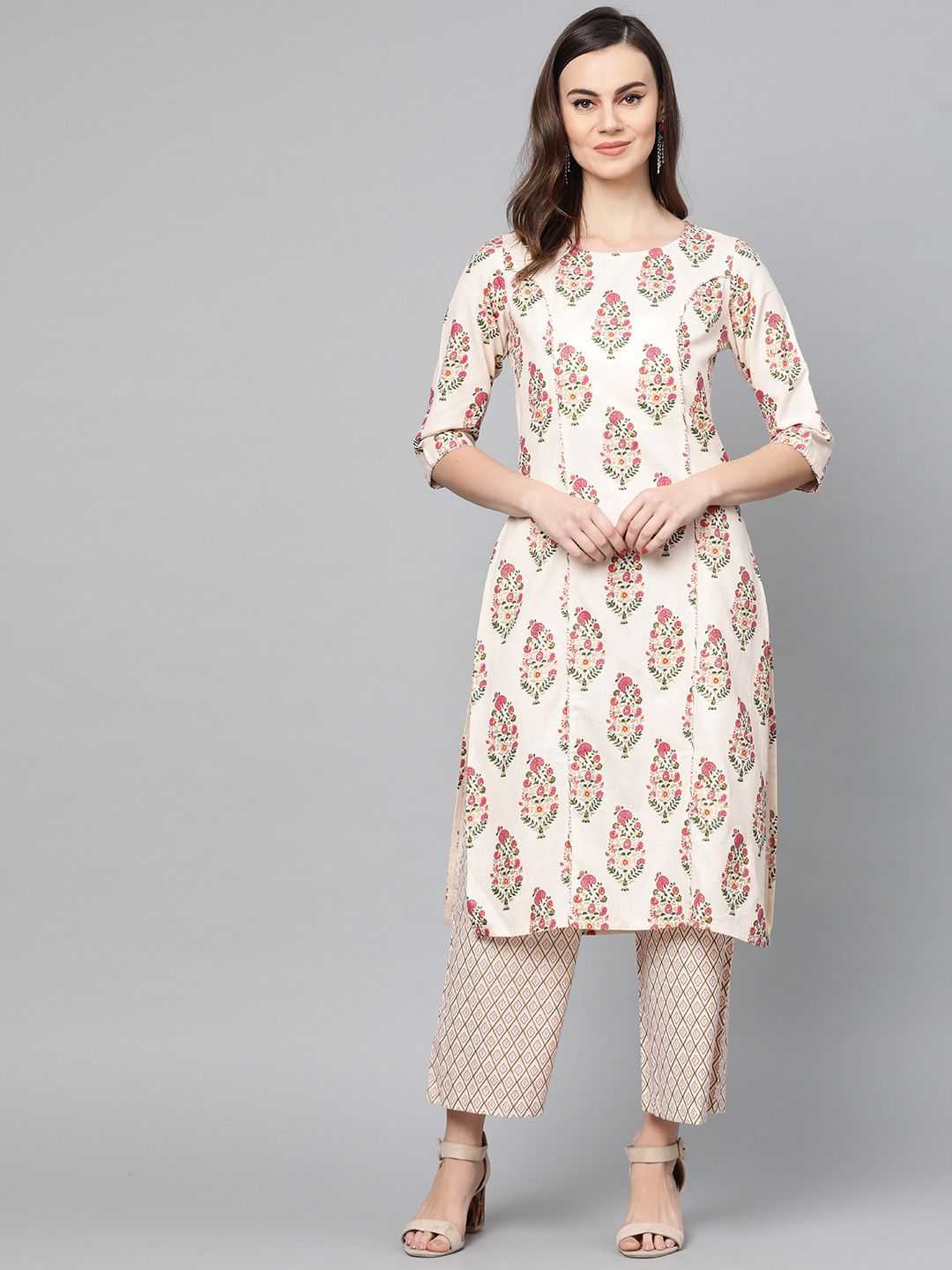 Popnetic Women Cream-Coloured & Pink Block Printed Kurta with Palazzos Price in India