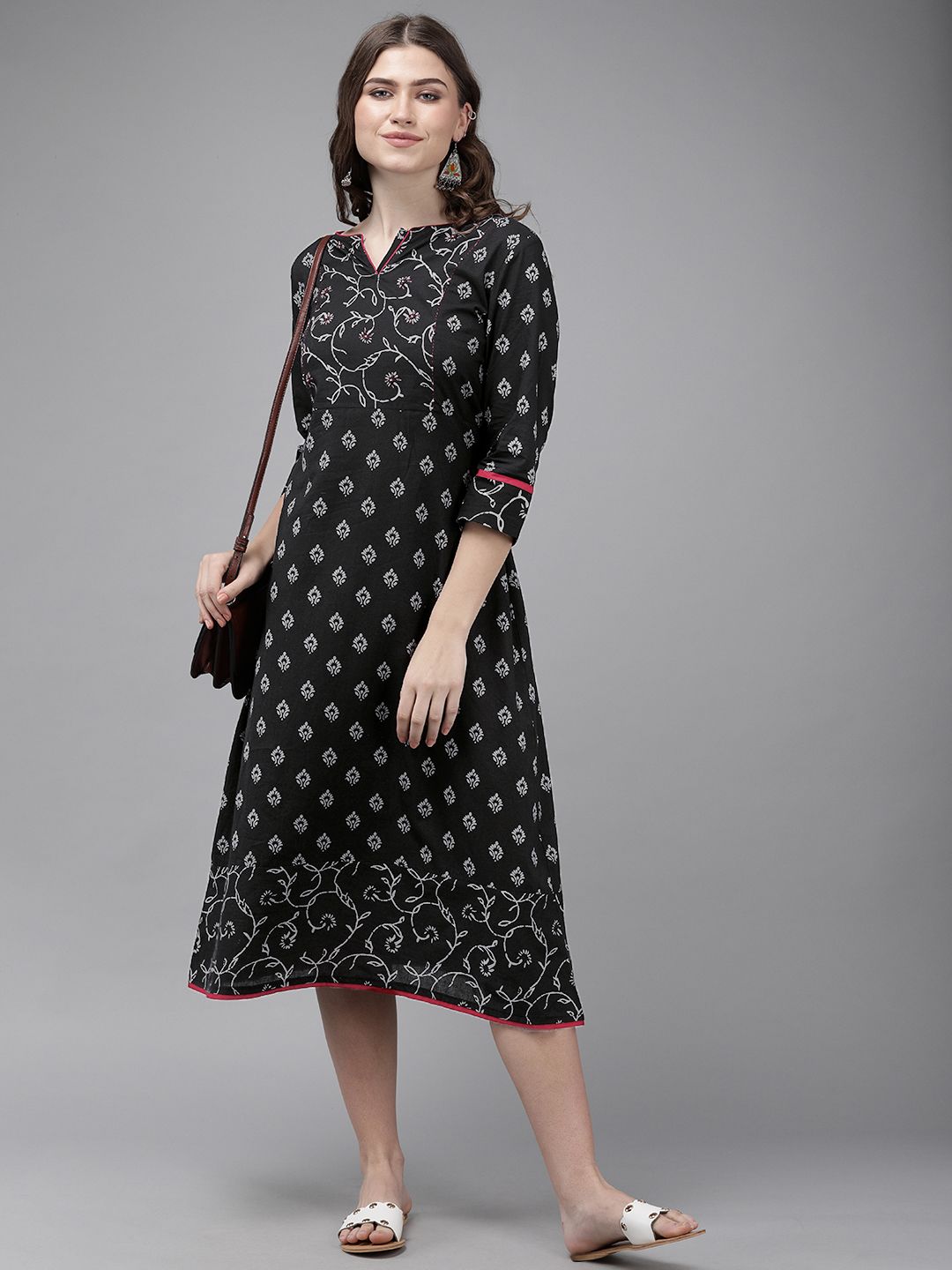 Anouk Women Black & Grey Printed A-Line Dress Price in India