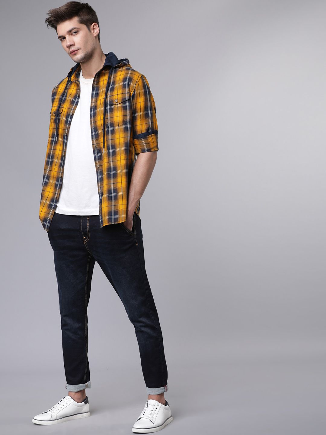 HIGHLANDER HIGHLANDER Men Mustard Yellow & Navy Blue Slim Fit Checked Hooded Casual Shirt