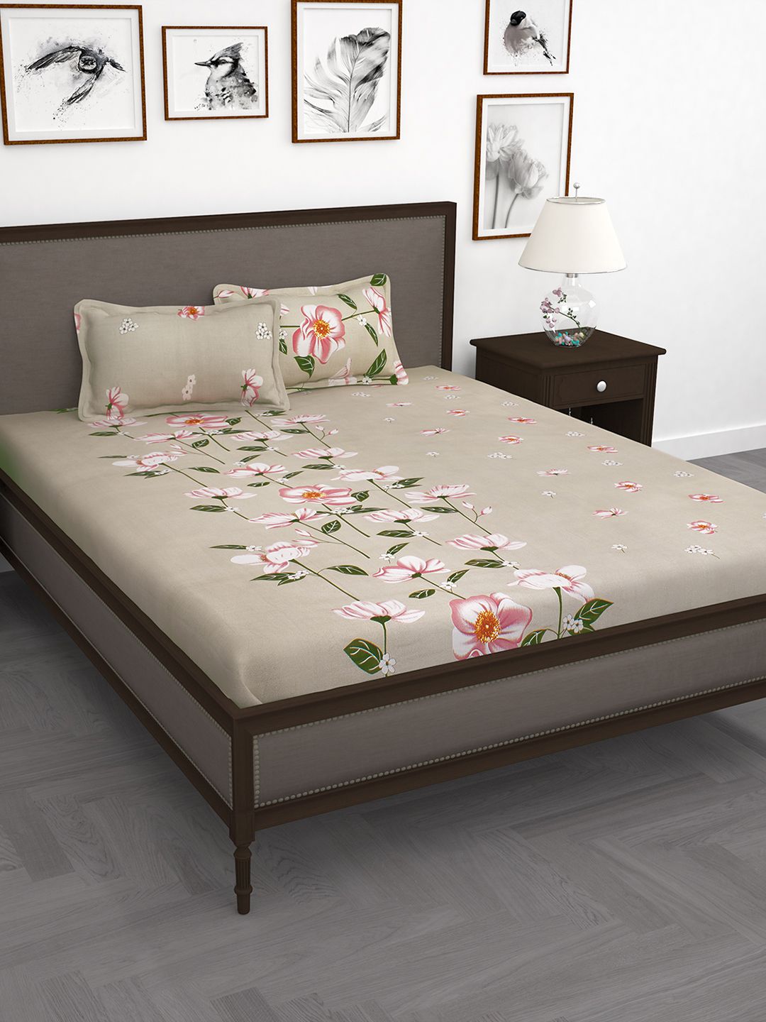Story@home Beige & Red Floral Flat 240 TC 1 Double Bedsheet with 2 Pillow Covers Price in India