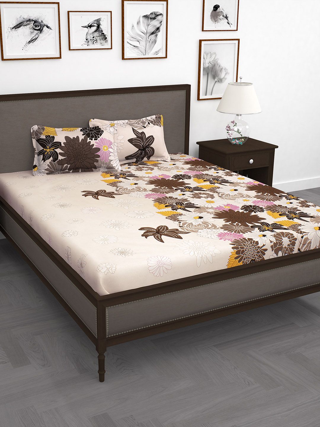 Story@home Cream-Coloured & Brown Floral 240 TC 1 Double Bedsheet with 2 Pillow Covers Price in India