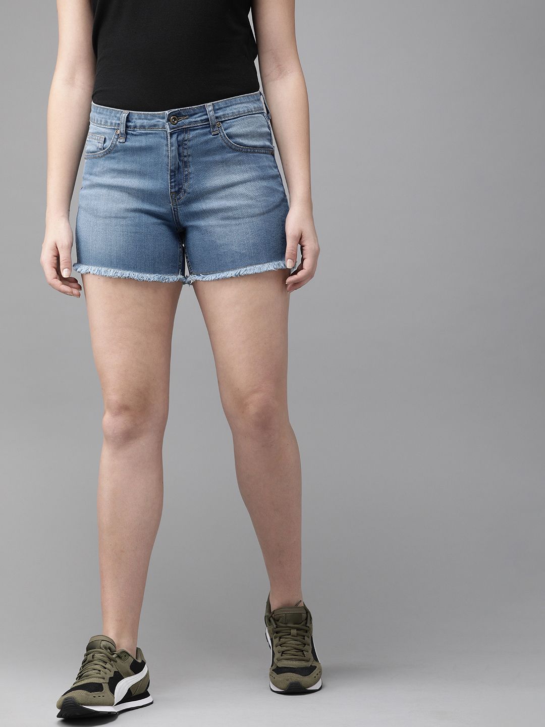 The Roadster Lifestyle Co Women Blue Washed Regular Fit Denim Shorts With Raw Edge Price in India