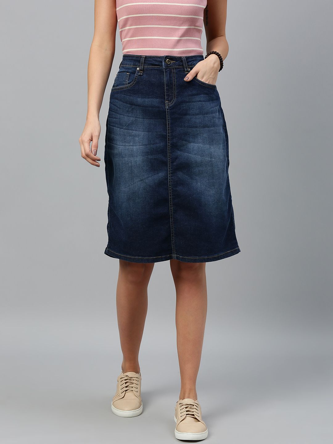 Roadster Women Blue Washed Denim Straight Skirt Price in India