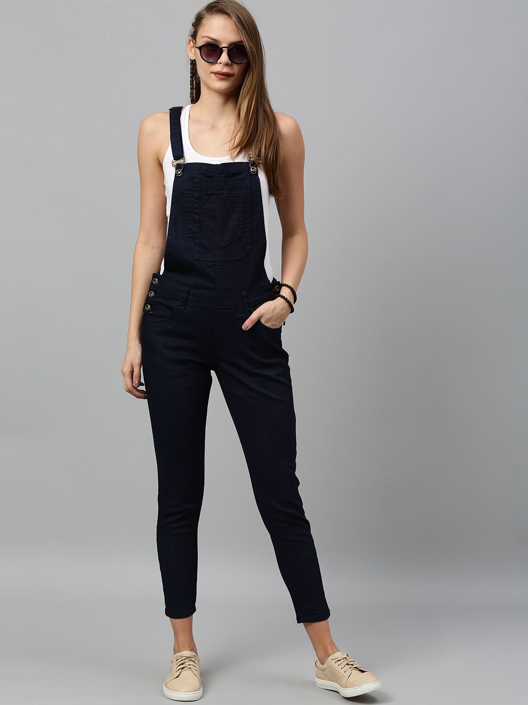 The Roadster Lifestyle Co Women Blue Solid Skinny Fit Denim Dungaree Price in India