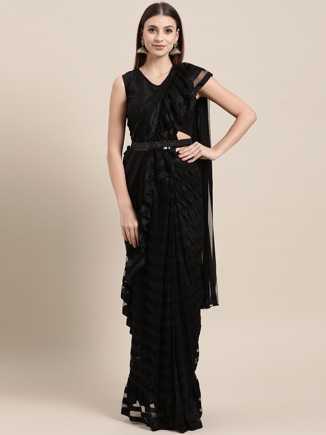 Ahalyaa Black Self-Striped Ruffled Ready to Wear Saree