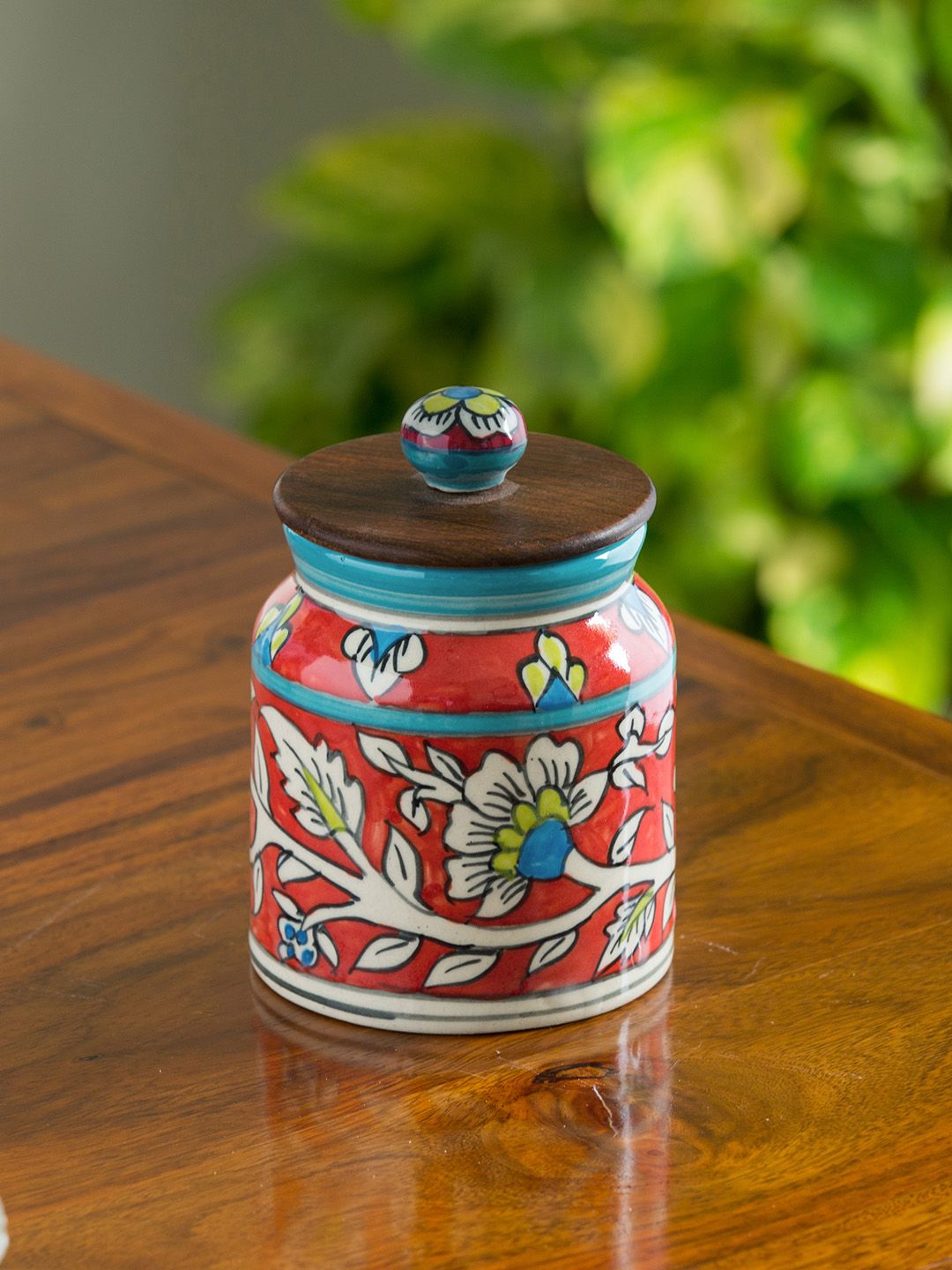 ExclusiveLane Red & Brown Hand-Painted Studio Pottery Multi Utility Ceramic & Sheesham Wood Storage Jar Price in India