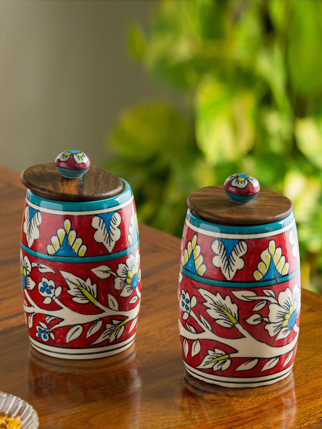 ExclusiveLane Set Of 2 Red Hand-Painted Multi Utility Ceramic & Sheesham Wood Canister Price in India