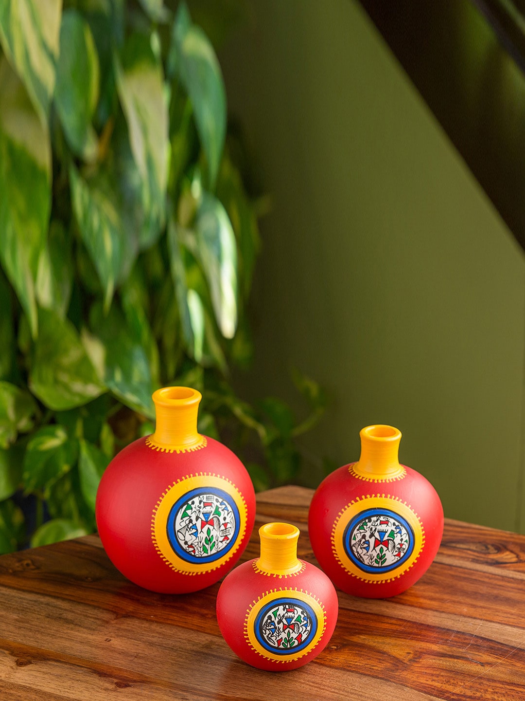 ExclusiveLane Red & Yellow 3 Pieces Warli Hand-Painted Earthen Terracotta Vase Set Price in India