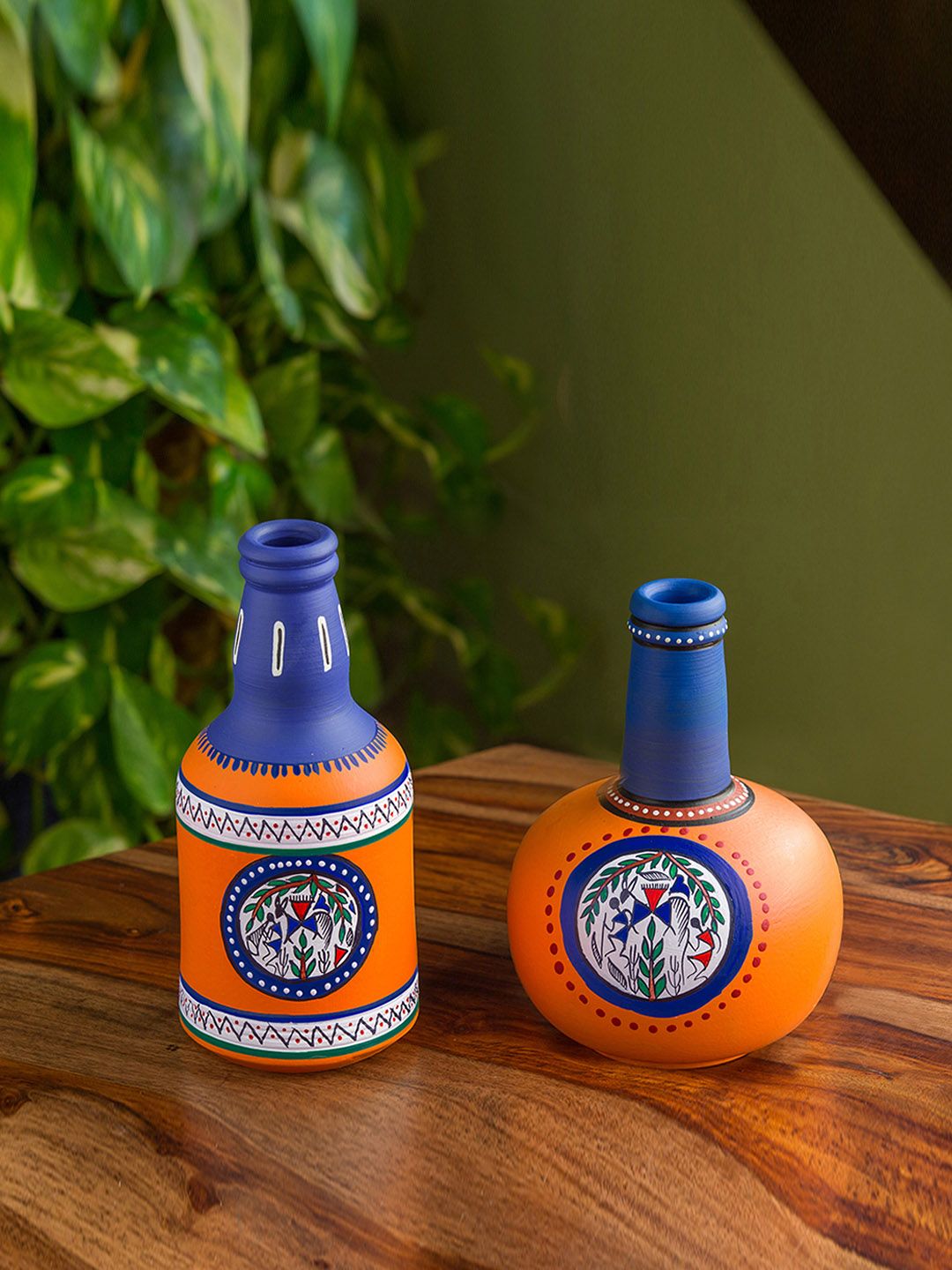 ExclusiveLane Orange & Blue 2 Pieces Warli Hand-Painted Earthen Terracotta Vase Set Price in India