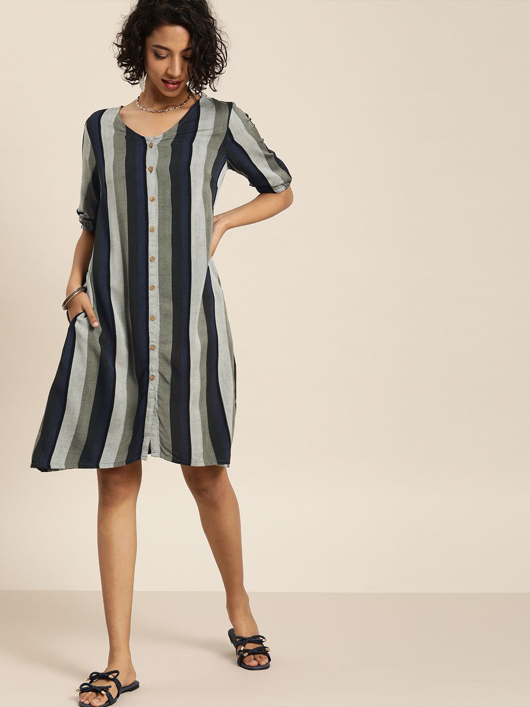 Taavi Women Grey & Navy Blue Striped Woven Legacy A-Line Sustainable Dress with Pockets