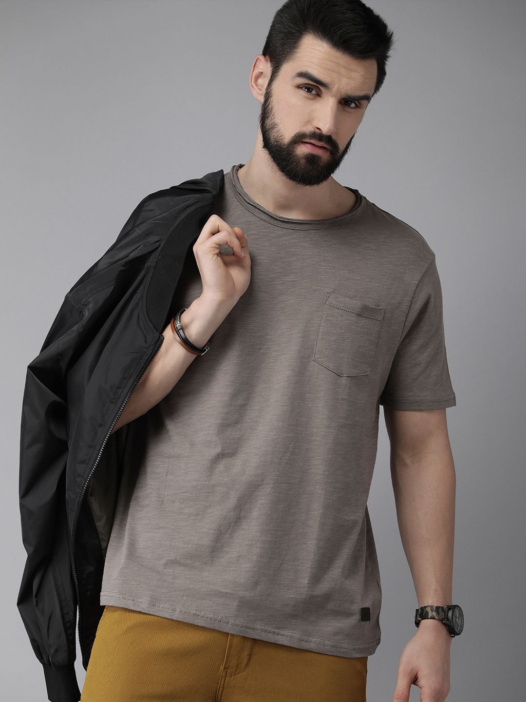 The Roadster Lifestyle Co Men Charcoal Grey Solid Round Neck Pure Cotton T Shirt Price History 8842