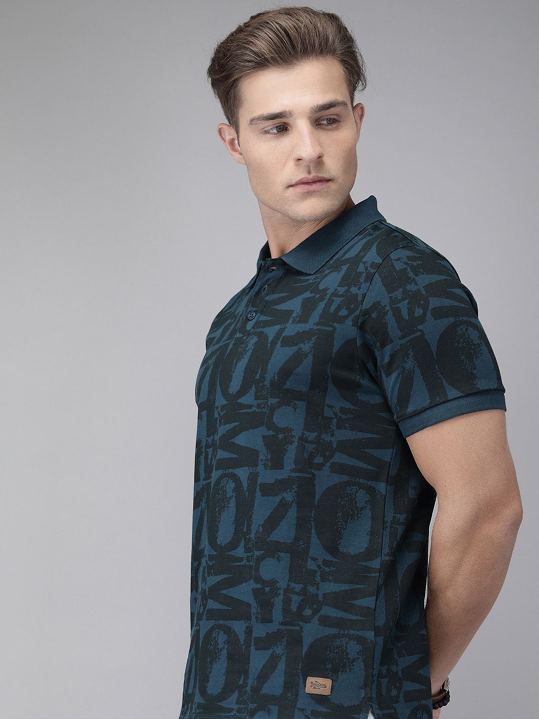 Roadster Men Teal Blue & Black Printed Polo Collar T-shirt