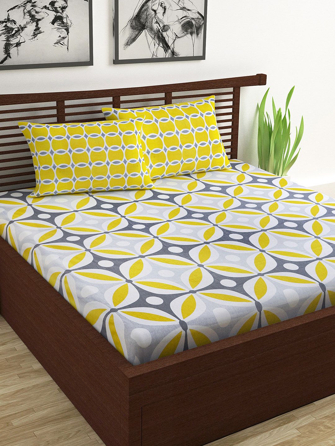 Divine Casa Yellow & Grey Geometric 144 TC Cotton 1 Queen Bedsheet with 2 Pillow Covers Price in India