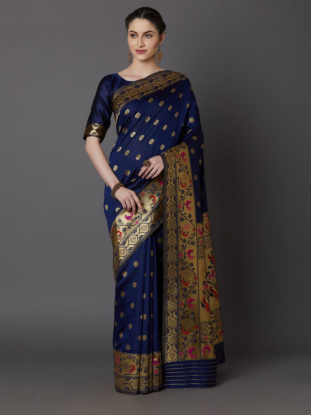 Mitera Navy Blue & Gold-Toned Silk Blend Woven Design Banarasi Saree Price in India