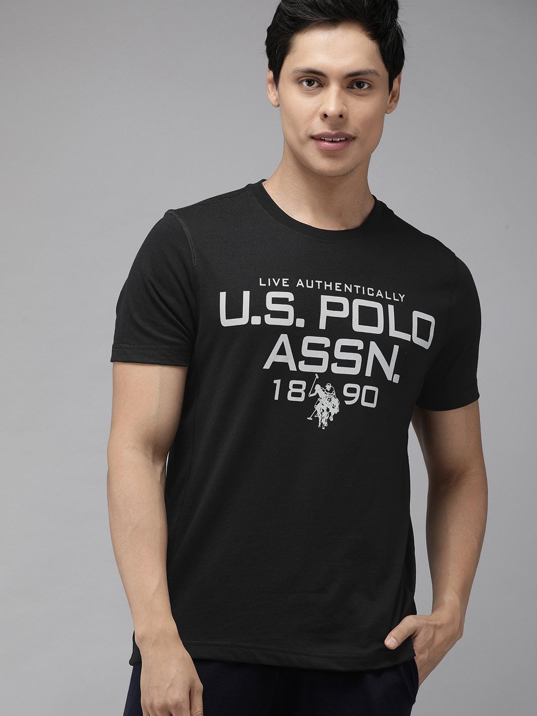 U.S. Polo Assn. Men Black Brand Logo Printed Round Neck Lounge T-shirt